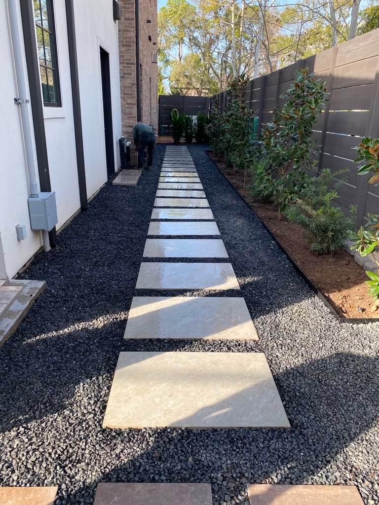 Landscaped walkway integrated into a residential outdoor area